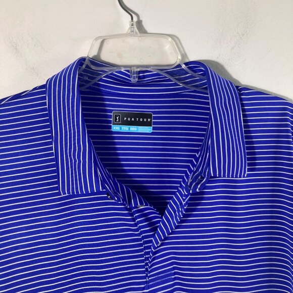 Mens PGA Tour Golf Polo Shirt Short Sleeve Striped 2XL Blue White Polyester - Picture 3 of 8